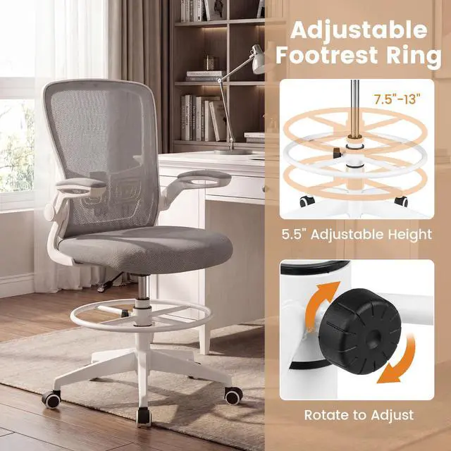 Alt view image 6 of 7 - Ergonomic Drafting Chair Tall Office Chair with Flip-Up Armrests Footrest Ring Height Adjustable Executive Task Chair Mesh Computer Standing Desk Chair Lumbar Support for Home Office (Gray)