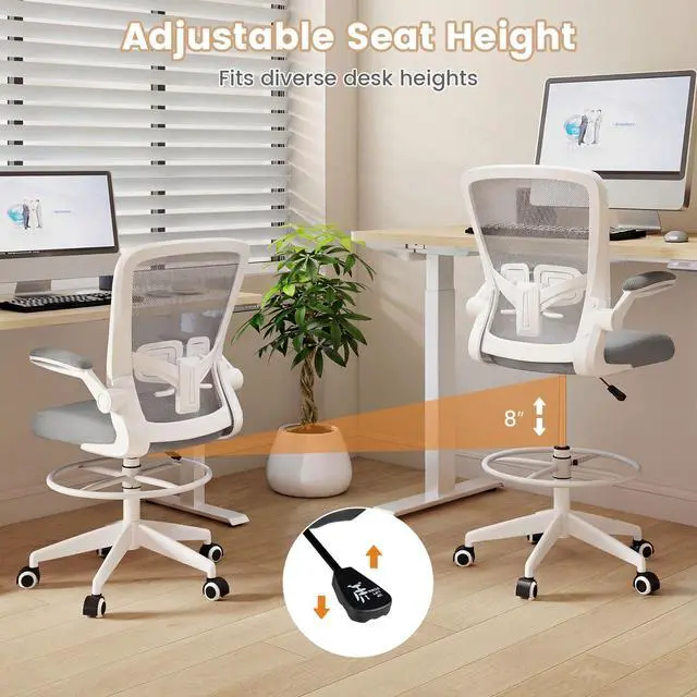 Alt view image 7 of 7 - Ergonomic Drafting Chair Tall Office Chair with Flip-Up Armrests Footrest Ring Height Adjustable Executive Task Chair Mesh Computer Standing Desk Chair Lumbar Support for Home Office (Gray)