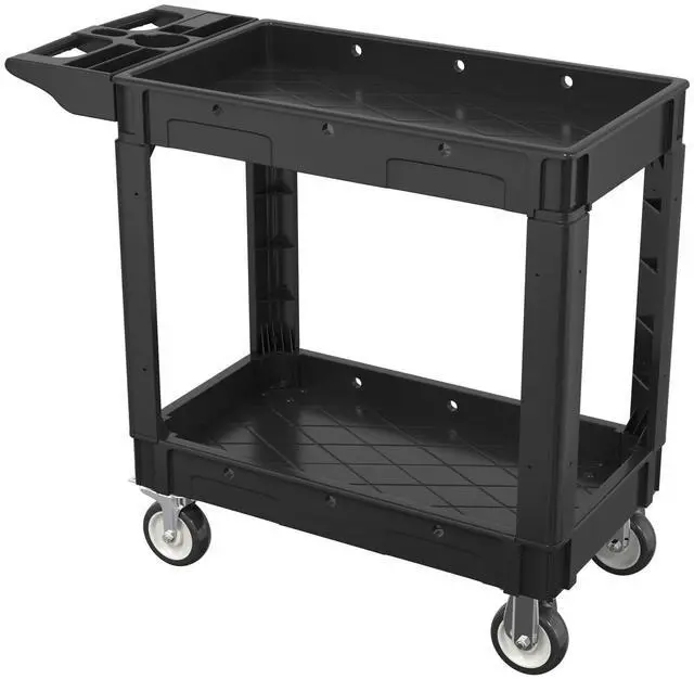 Main image of 2 Tier Plastic Rolling Cart Utility Cart on Wheels, Heavy Duty Tool Carts with Ergonomic Storage Handle and Deep Shelfs, Work Cart Service Cartss for Garage, Warehouse, Workshop, Office, Cleaning