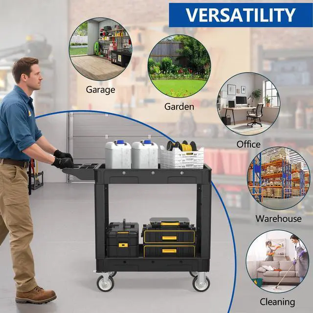 Alt view image 7 of 7 - 2 Tier Plastic Rolling Cart Utility Cart on Wheels, Heavy Duty Tool Carts with Ergonomic Storage Handle and Deep Shelfs, Work Cart Service Cartss for Garage, Warehouse, Workshop, Office, Cleaning