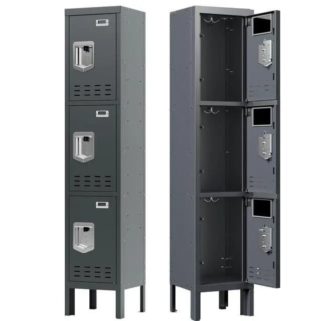 Main image of 3 Door Metal Locker for Employees, Lockable Steel Locker Organizer | Heavy-Duty Storage Cabinet with Shelves and Hooks, Metal Storage Lockers for Home Office School Gym Garage, Grey