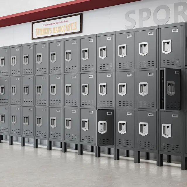 Alt view image 2 of 7 - 3 Door Metal Locker for Employees, Lockable Steel Locker Organizer | Heavy-Duty Storage Cabinet with Shelves and Hooks, Metal Storage Lockers for Home Office School Gym Garage, Grey