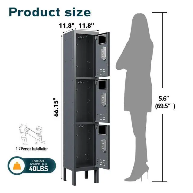 Alt view image 3 of 7 - 3 Door Metal Locker for Employees, Lockable Steel Locker Organizer | Heavy-Duty Storage Cabinet with Shelves and Hooks, Metal Storage Lockers for Home Office School Gym Garage, Grey