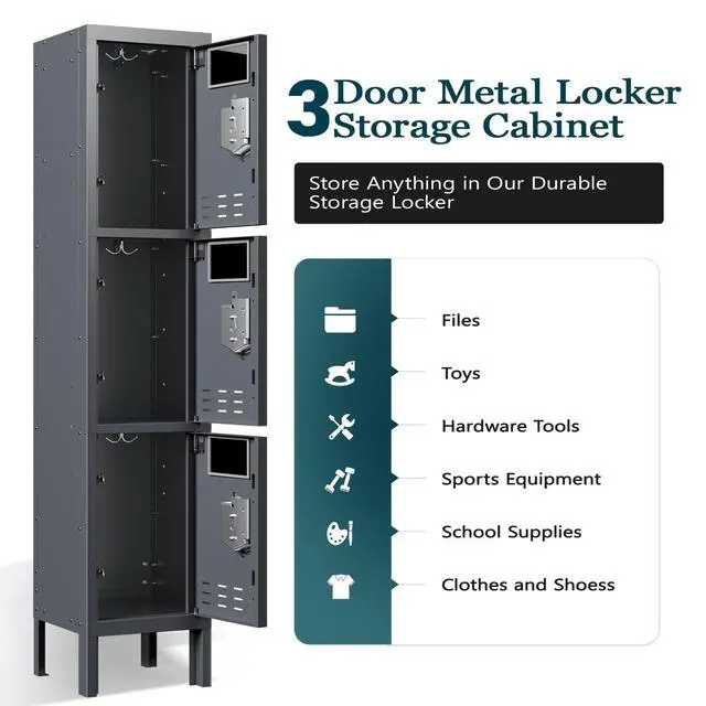 Alt view image 4 of 7 - 3 Door Metal Locker for Employees, Lockable Steel Locker Organizer | Heavy-Duty Storage Cabinet with Shelves and Hooks, Metal Storage Lockers for Home Office School Gym Garage, Grey