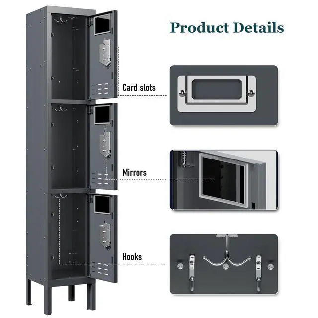 Alt view image 6 of 7 - 3 Door Metal Locker for Employees, Lockable Steel Locker Organizer | Heavy-Duty Storage Cabinet with Shelves and Hooks, Metal Storage Lockers for Home Office School Gym Garage, Grey