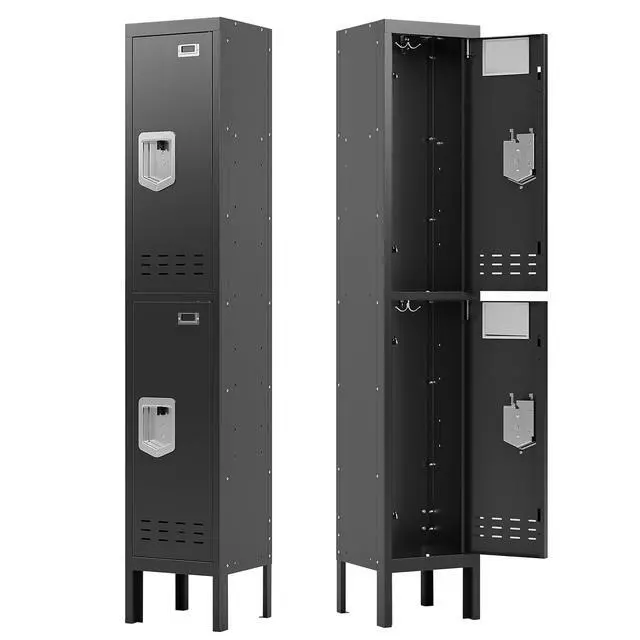 Main image of Metal Locker for Employees, Office Storage Locker with 2 Doors | Lockable Steel Employee Lockers with Shelves and Hooks, Locker Organizer for Home Office School Gym Garage, Black