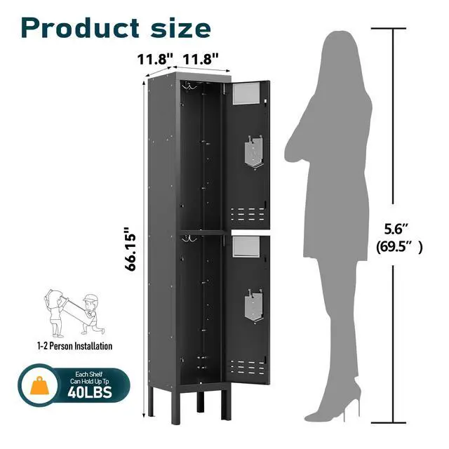 Alt view image 2 of 7 - Metal Locker for Employees, Office Storage Locker with 2 Doors | Lockable Steel Employee Lockers with Shelves and Hooks, Locker Organizer for Home Office School Gym Garage, Black