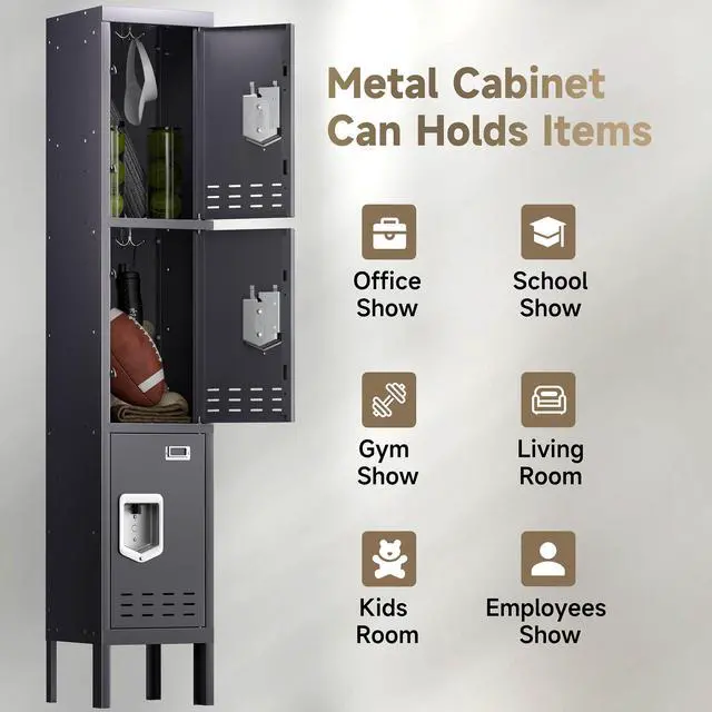 Alt view image 7 of 7 - 3 Door Metal Locker for Employees, Lockable Steel Locker Organizer | Heavy-Duty Storage Cabinet with Shelves and Hooks, Metal Storage Lockers for Home Office School Gym Garage, Grey