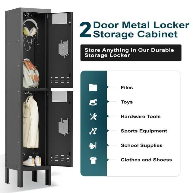 Alt view image 3 of 7 - Metal Locker for Employees, Office Storage Locker with 2 Doors | Lockable Steel Employee Lockers with Shelves and Hooks, Locker Organizer for Home Office School Gym Garage, Black