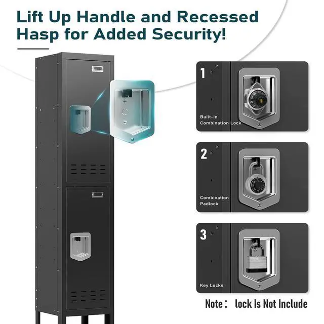 Alt view image 4 of 7 - Metal Locker for Employees, Office Storage Locker with 2 Doors | Lockable Steel Employee Lockers with Shelves and Hooks, Locker Organizer for Home Office School Gym Garage, Black
