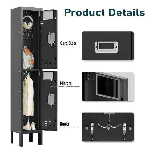 Alt view image 5 of 7 - Metal Locker for Employees, Office Storage Locker with 2 Doors | Lockable Steel Employee Lockers with Shelves and Hooks, Locker Organizer for Home Office School Gym Garage, Black