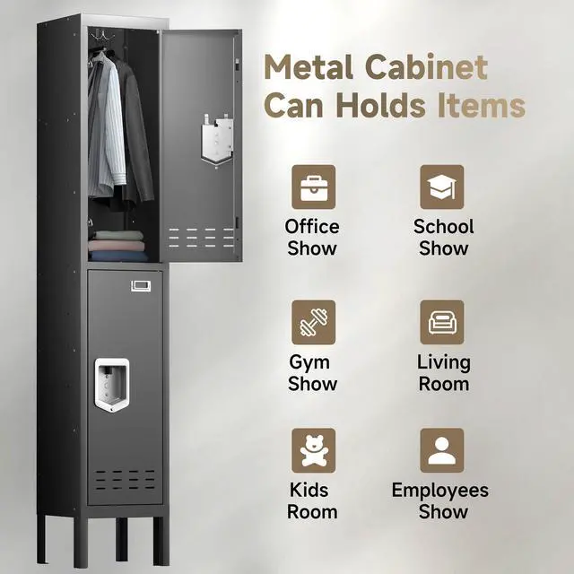Alt view image 6 of 7 - Metal Locker for Employees, Office Storage Locker with 2 Doors | Lockable Steel Employee Lockers with Shelves and Hooks, Locker Organizer for Home Office School Gym Garage, Black