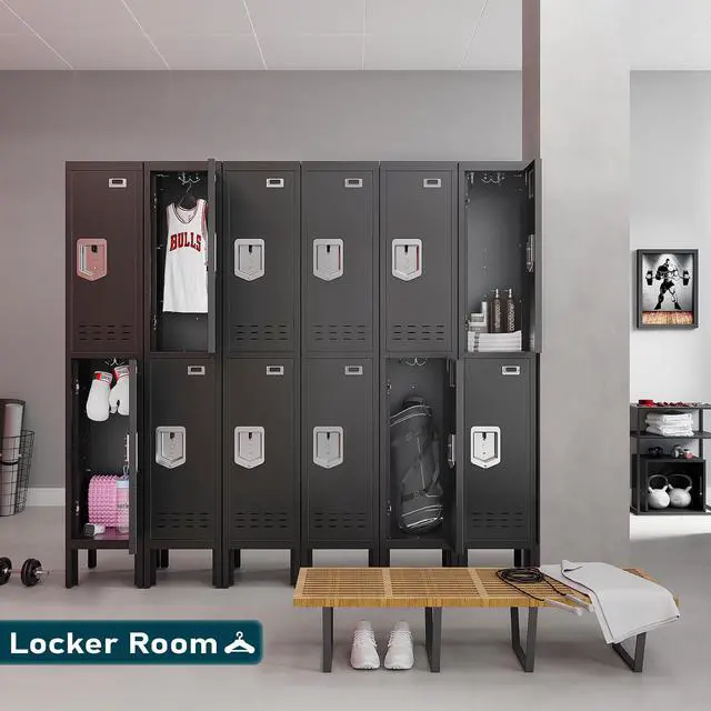 Alt view image 7 of 7 - Metal Locker for Employees, Office Storage Locker with 2 Doors | Lockable Steel Employee Lockers with Shelves and Hooks, Locker Organizer for Home Office School Gym Garage, Black