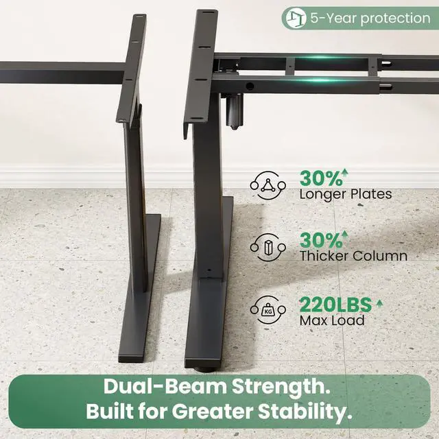 Alt view image 2 of 7 - Dual Beam Standing Desk Frame for Tops up to 75" - 220 lbs Capacity | Standing Desk Legs with 3 Memory Presets, Power Strip and Cable Management Tray, Black Frame Only