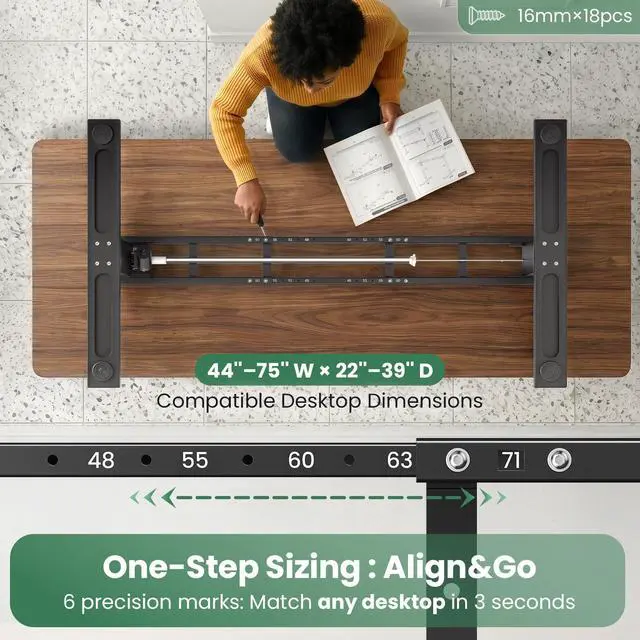 Alt view image 5 of 7 - Dual Beam Standing Desk Frame for Tops up to 75" - 220 lbs Capacity | Standing Desk Legs with 3 Memory Presets, Power Strip and Cable Management Tray, Black Frame Only