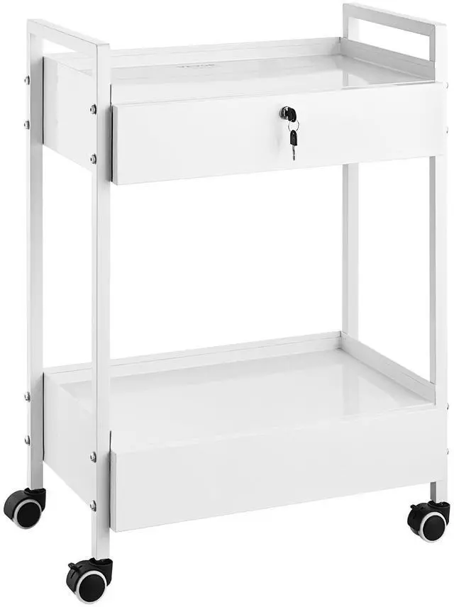 Main image of Rolling Medical Cart with Lockable Drawer, White Paint Stainless Steel Utility Cart, 2 Tiers Mobile Esthetician Trolley Cart with Swivel Casters for Lab, Hospital, Dental, Salon and Beauty