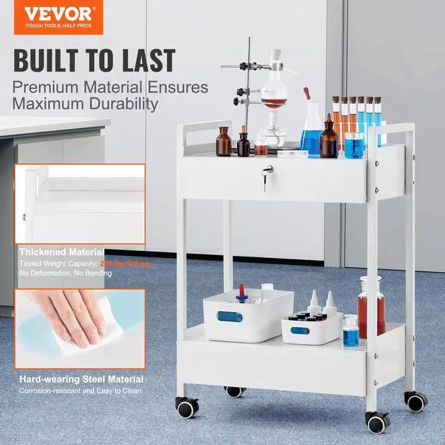 Alt view image 2 of 7 - Rolling Medical Cart with Lockable Drawer, White Paint Stainless Steel Utility Cart, 2 Tiers Mobile Esthetician Trolley Cart with Swivel Casters for Lab, Hospital, Dental, Salon and Beauty