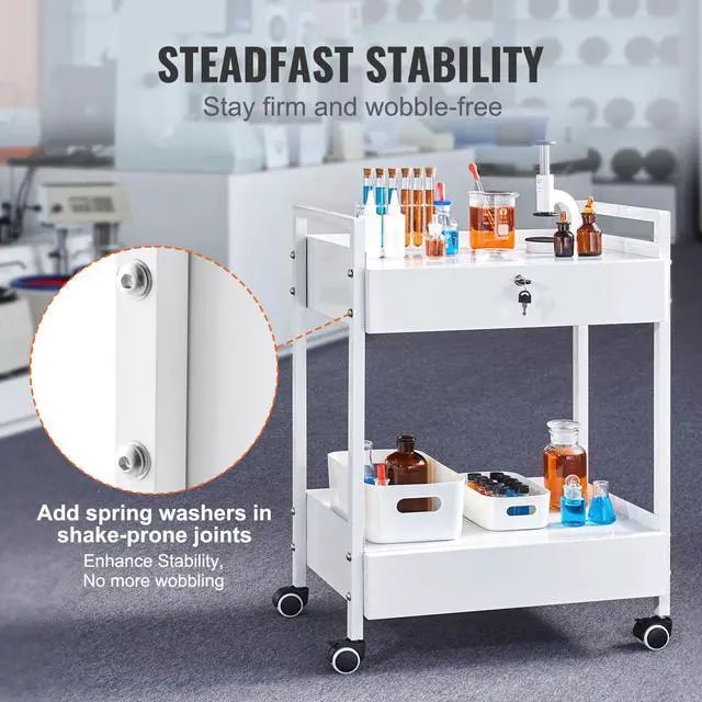 Alt view image 3 of 7 - Rolling Medical Cart with Lockable Drawer, White Paint Stainless Steel Utility Cart, 2 Tiers Mobile Esthetician Trolley Cart with Swivel Casters for Lab, Hospital, Dental, Salon and Beauty