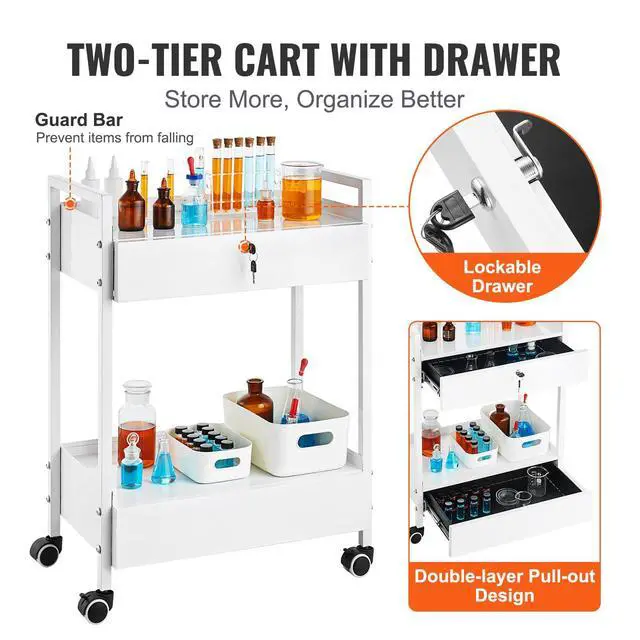Alt view image 5 of 7 - Rolling Medical Cart with Lockable Drawer, White Paint Stainless Steel Utility Cart, 2 Tiers Mobile Esthetician Trolley Cart with Swivel Casters for Lab, Hospital, Dental, Salon and Beauty