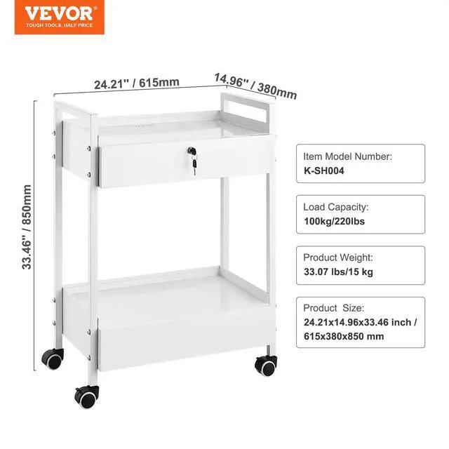 Alt view image 7 of 7 - Rolling Medical Cart with Lockable Drawer, White Paint Stainless Steel Utility Cart, 2 Tiers Mobile Esthetician Trolley Cart with Swivel Casters for Lab, Hospital, Dental, Salon and Beauty