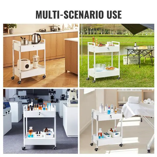 Alt view image 6 of 7 - Rolling Medical Cart with Lockable Drawer, White Paint Stainless Steel Utility Cart, 2 Tiers Mobile Esthetician Trolley Cart with Swivel Casters for Lab, Hospital, Dental, Salon and Beauty