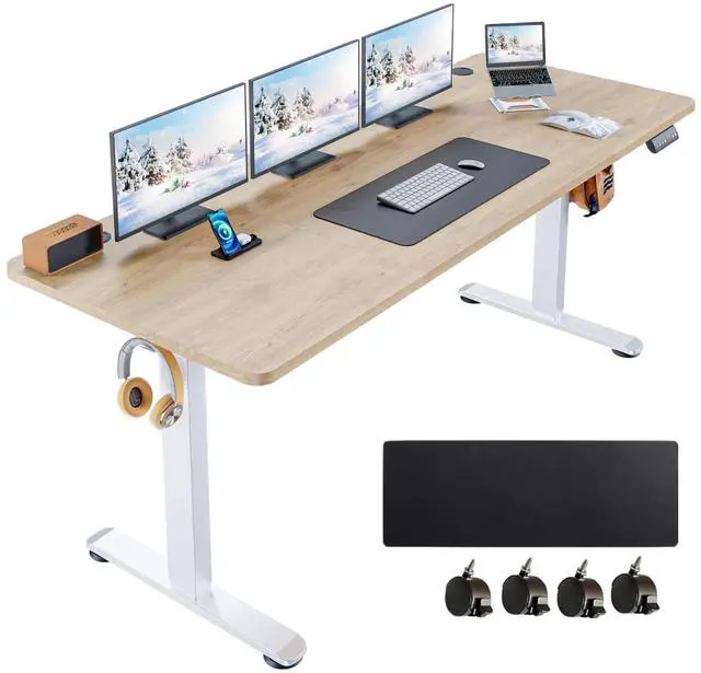 Main image of Electric Standing Desk 63 x 24 Inches Adjustable Height Sit Stand Up Desk for Home Office Computer Workstation Memory Preset with Wheels, Oak
