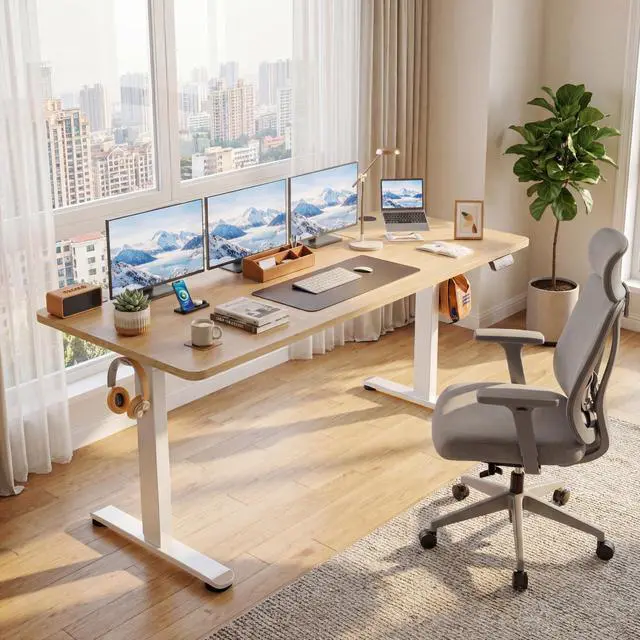 Alt view image 2 of 7 - Electric Standing Desk 63 x 24 Inches Adjustable Height Sit Stand Up Desk for Home Office Computer Workstation Memory Preset with Wheels, Oak
