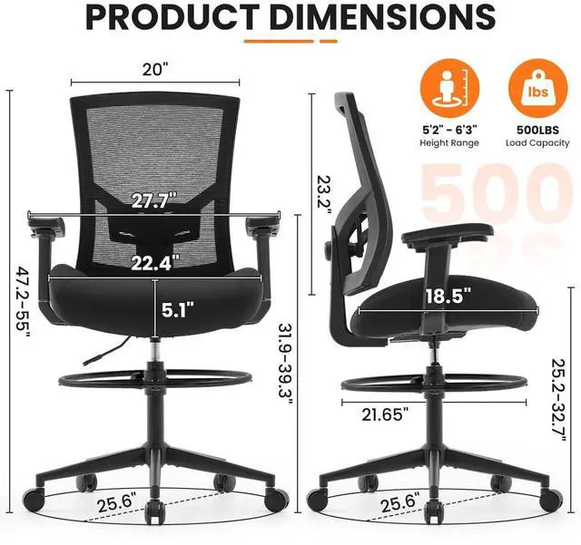 Alt view image 2 of 2 - 500lbs Drafting Chair,Big and Tall Office Chair for Standing Desk with Wide Seat,2D Adjustable Lumbar Support,Ergonomic Office Chair with Footrest for Home,Drawing or Counter Height Use