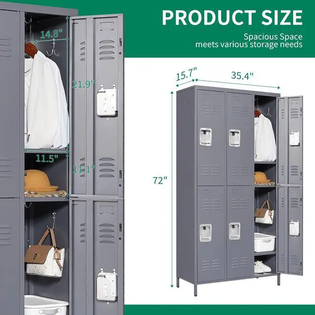 Alt view image 3 of 6 - Metal Locker 6 Doors Locking Storage Lockers for Employees,72" Tall Staff Locker Cabinet with Shelves and Hooks Steel Sports Locker Cabinet for Office Home Dedroom School Gym Garage