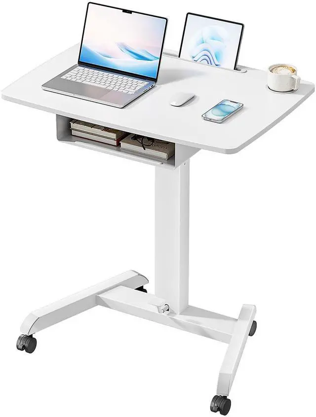 Main image of 31.5' Mobile Desk Workstation with Drawer and Foot Pedal, White | Gas Spring, Height Adjsutable up to 44.3', A Comfortable Lifting Experience, Hold 33 Lbs, with Wheels, for Home, Classroom