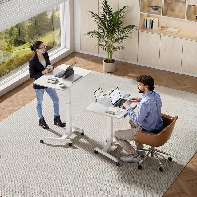 Alt view image 2 of 7 - 31.5' Mobile Desk Workstation with Drawer and Foot Pedal, White | Gas Spring, Height Adjsutable up to 44.3', A Comfortable Lifting Experience, Hold 33 Lbs, with Wheels, for Home, Classroom