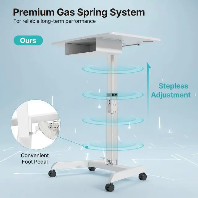 Alt view image 3 of 7 - 31.5' Mobile Desk Workstation with Drawer and Foot Pedal, White | Gas Spring, Height Adjsutable up to 44.3', A Comfortable Lifting Experience, Hold 33 Lbs, with Wheels, for Home, Classroom