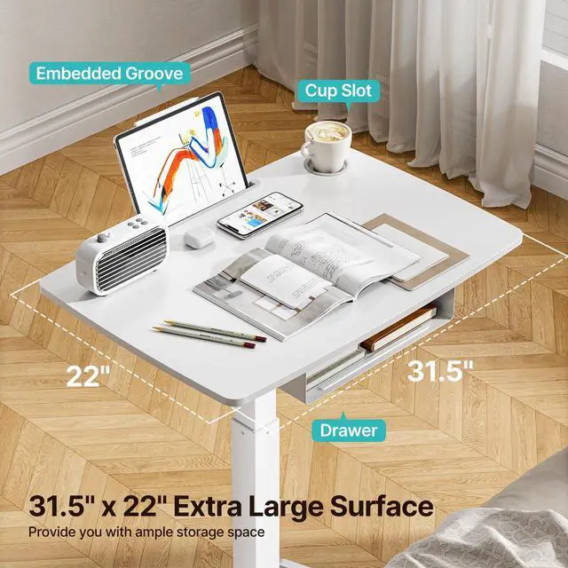 Alt view image 4 of 7 - 31.5' Mobile Desk Workstation with Drawer and Foot Pedal, White | Gas Spring, Height Adjsutable up to 44.3', A Comfortable Lifting Experience, Hold 33 Lbs, with Wheels, for Home, Classroom