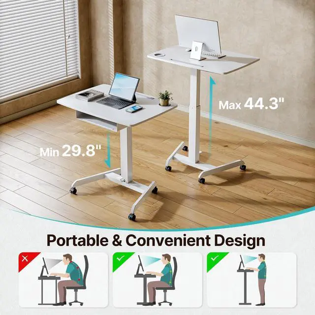 Alt view image 5 of 7 - 31.5' Mobile Desk Workstation with Drawer and Foot Pedal, White | Gas Spring, Height Adjsutable up to 44.3', A Comfortable Lifting Experience, Hold 33 Lbs, with Wheels, for Home, Classroom