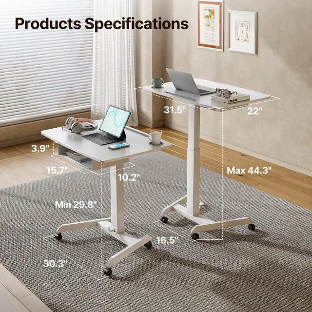 Alt view image 6 of 7 - 31.5' Mobile Desk Workstation with Drawer and Foot Pedal, White | Gas Spring, Height Adjsutable up to 44.3', A Comfortable Lifting Experience, Hold 33 Lbs, with Wheels, for Home, Classroom