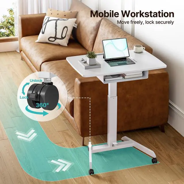 Alt view image 7 of 7 - 31.5' Mobile Desk Workstation with Drawer and Foot Pedal, White | Gas Spring, Height Adjsutable up to 44.3', A Comfortable Lifting Experience, Hold 33 Lbs, with Wheels, for Home, Classroom