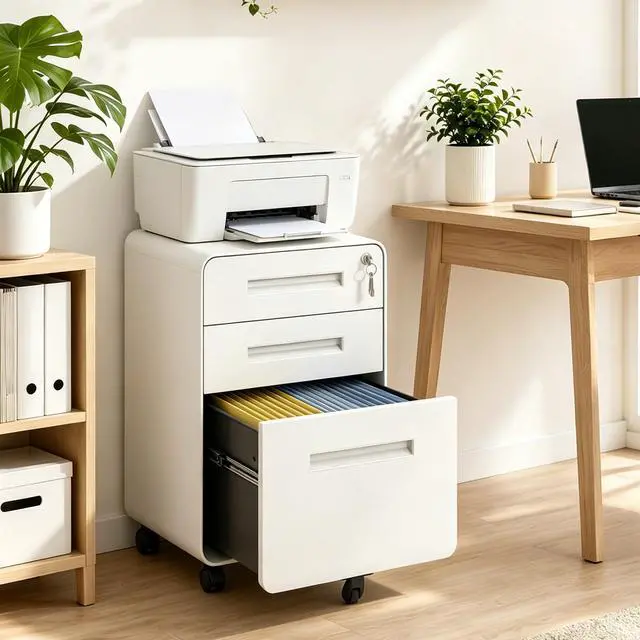 Alt view image 2 of 7 - 3 Drawer File Cabinet with Lock, Rolling Under Desk Storage, White | 23"H x 18"D x 16"W, Fully Assembled Metal Filing Cabinet Printer Stand, Arc Angle, Fit Legal/Letter/A4, For Home Office