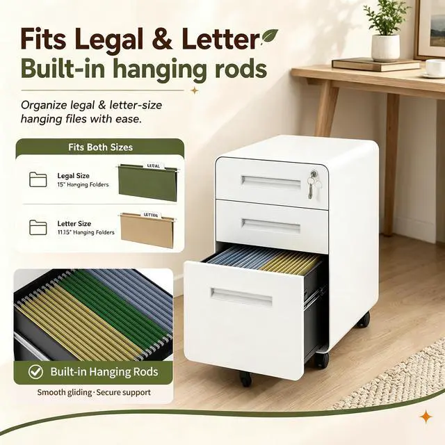 Alt view image 4 of 7 - 3 Drawer File Cabinet with Lock, Rolling Under Desk Storage, White | 23"H x 18"D x 16"W, Fully Assembled Metal Filing Cabinet Printer Stand, Arc Angle, Fit Legal/Letter/A4, For Home Office