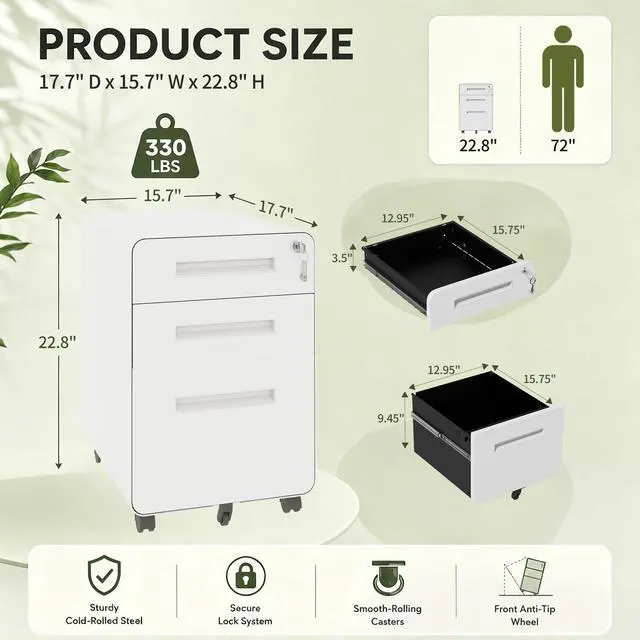 Alt view image 3 of 7 - 3 Drawer File Cabinet with Lock, Rolling Under Desk Storage, White | 23"H x 18"D x 16"W, Fully Assembled Metal Filing Cabinet Printer Stand, Arc Angle, Fit Legal/Letter/A4, For Home Office