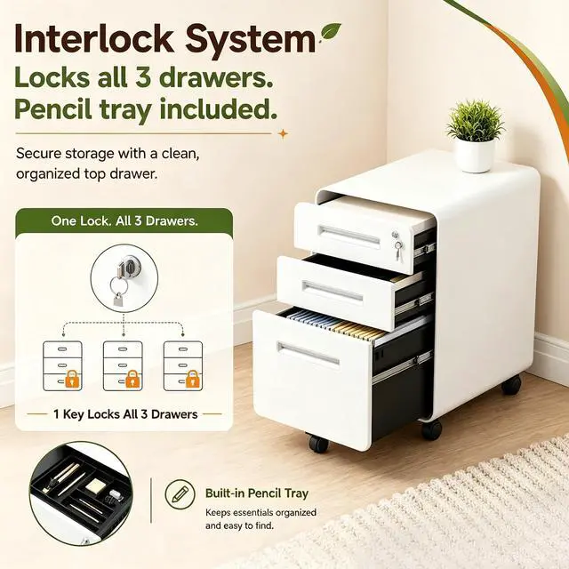 Alt view image 5 of 7 - 3 Drawer File Cabinet with Lock, Rolling Under Desk Storage, White | 23"H x 18"D x 16"W, Fully Assembled Metal Filing Cabinet Printer Stand, Arc Angle, Fit Legal/Letter/A4, For Home Office