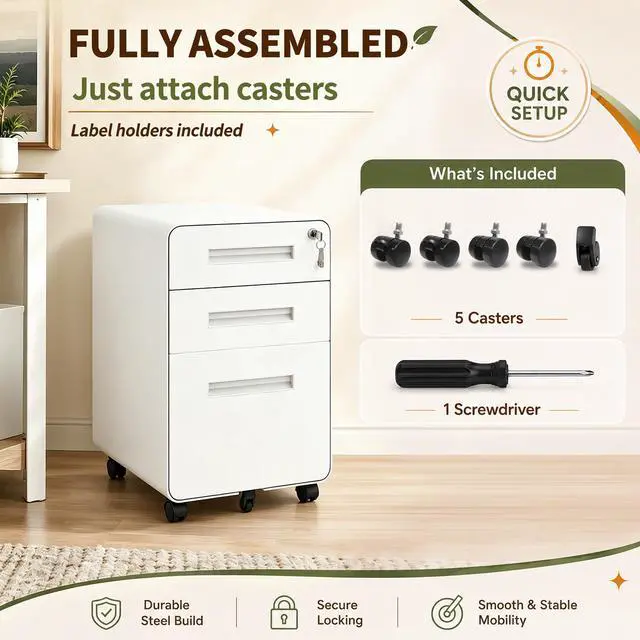 Alt view image 6 of 7 - 3 Drawer File Cabinet with Lock, Rolling Under Desk Storage, White | 23"H x 18"D x 16"W, Fully Assembled Metal Filing Cabinet Printer Stand, Arc Angle, Fit Legal/Letter/A4, For Home Office