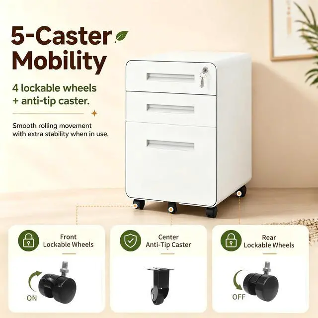 Alt view image 7 of 7 - 3 Drawer File Cabinet with Lock, Rolling Under Desk Storage, White | 23"H x 18"D x 16"W, Fully Assembled Metal Filing Cabinet Printer Stand, Arc Angle, Fit Legal/Letter/A4, For Home Office