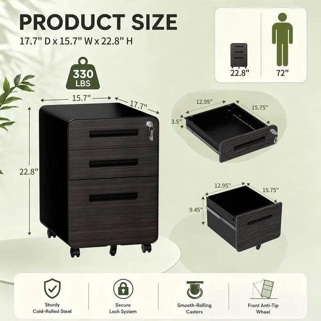 Alt view image 3 of 7 - 3 Drawer Mobile File Cabinet with Lock, Fully Assembled, Black | 18"D x 16"W x 23"H, Rolling Under Desk Storage, Metal Filing Cabinet, Fits Legal/Letter/A4 Files, For Home Office