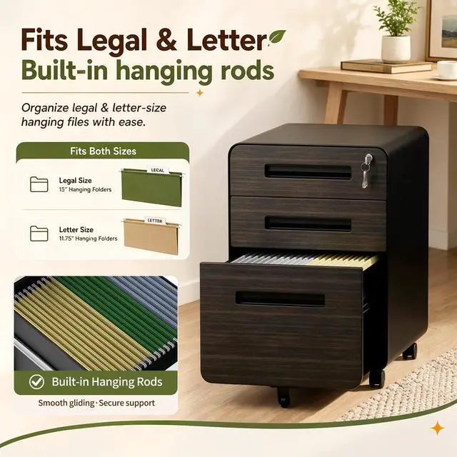 Alt view image 4 of 7 - 3 Drawer Mobile File Cabinet with Lock, Fully Assembled, Black | 18"D x 16"W x 23"H, Rolling Under Desk Storage, Metal Filing Cabinet, Fits Legal/Letter/A4 Files, For Home Office