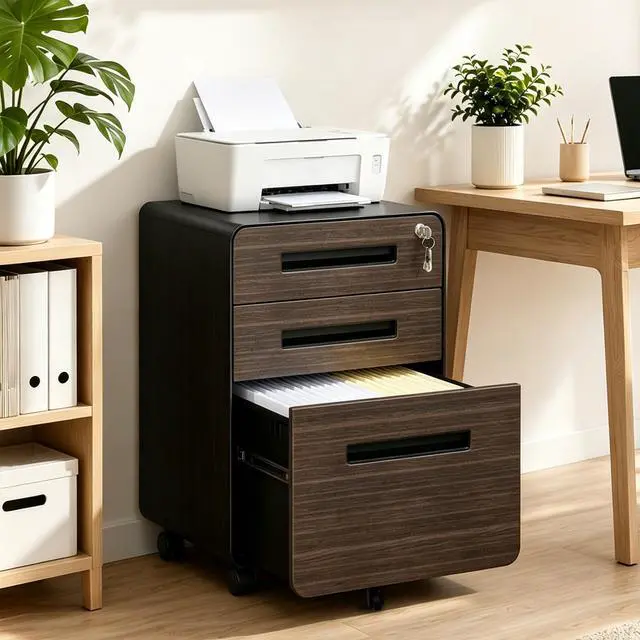 Alt view image 2 of 7 - 3 Drawer Mobile File Cabinet with Lock, Fully Assembled, Black | 18"D x 16"W x 23"H, Rolling Under Desk Storage, Metal Filing Cabinet, Fits Legal/Letter/A4 Files, For Home Office