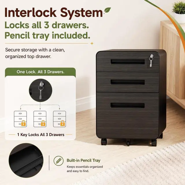Alt view image 5 of 7 - 3 Drawer Mobile File Cabinet with Lock, Fully Assembled, Black | 18"D x 16"W x 23"H, Rolling Under Desk Storage, Metal Filing Cabinet, Fits Legal/Letter/A4 Files, For Home Office