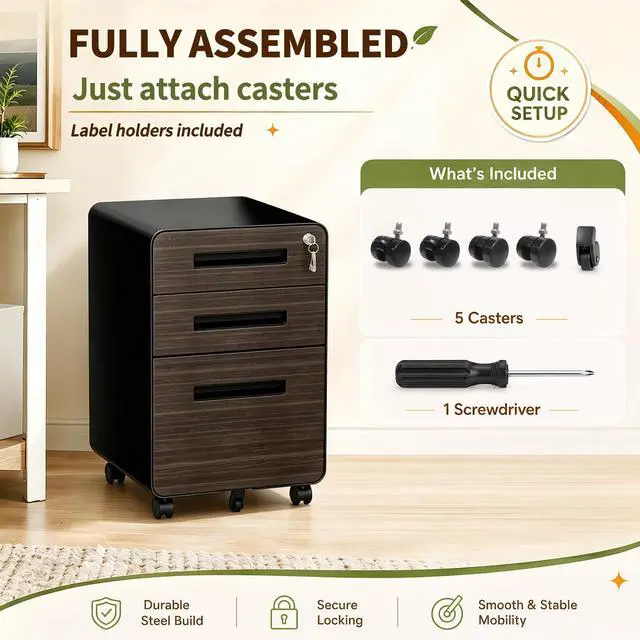 Alt view image 6 of 7 - 3 Drawer Mobile File Cabinet with Lock, Fully Assembled, Black | 18"D x 16"W x 23"H, Rolling Under Desk Storage, Metal Filing Cabinet, Fits Legal/Letter/A4 Files, For Home Office