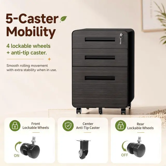 Alt view image 7 of 7 - 3 Drawer Mobile File Cabinet with Lock, Fully Assembled, Black | 18"D x 16"W x 23"H, Rolling Under Desk Storage, Metal Filing Cabinet, Fits Legal/Letter/A4 Files, For Home Office