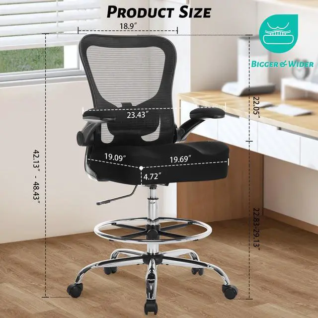 Alt view image 2 of 7 - 500LBS Ergonomic Drafting Chair Tall Office Chair for Counter Height or Standing Desk, Executive High Office Chairs with W-Shaped Thick Seat Cushion, Footrest Ring & Breathable Fabric, Black