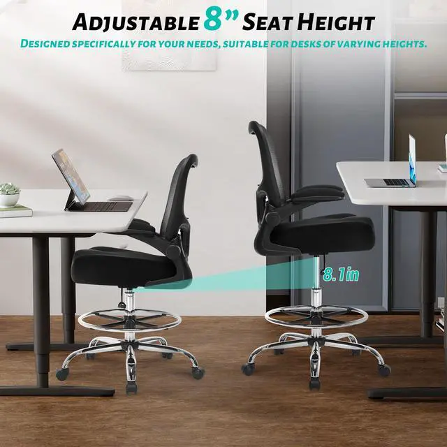 Alt view image 5 of 7 - 500LBS Ergonomic Drafting Chair Tall Office Chair for Counter Height or Standing Desk, Executive High Office Chairs with W-Shaped Thick Seat Cushion, Footrest Ring & Breathable Fabric, Black